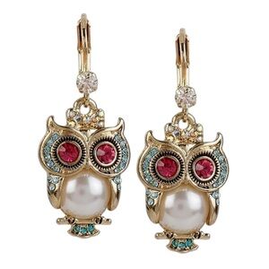 Betsey Johnson Pearl Critters Owl Drop Earrings